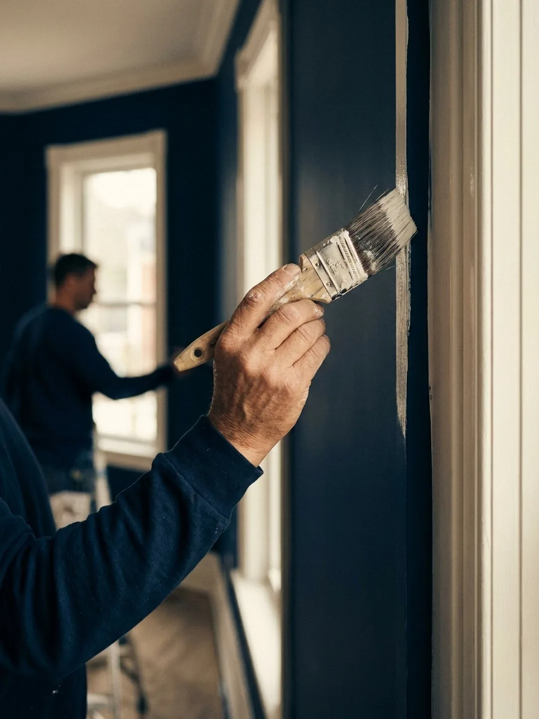 Painter cutting a sharp line between a navy wall and white trim in Halifax