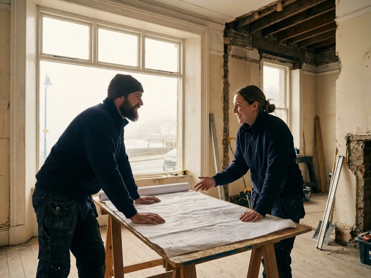 Two crew members reviewing a renovation plan on site