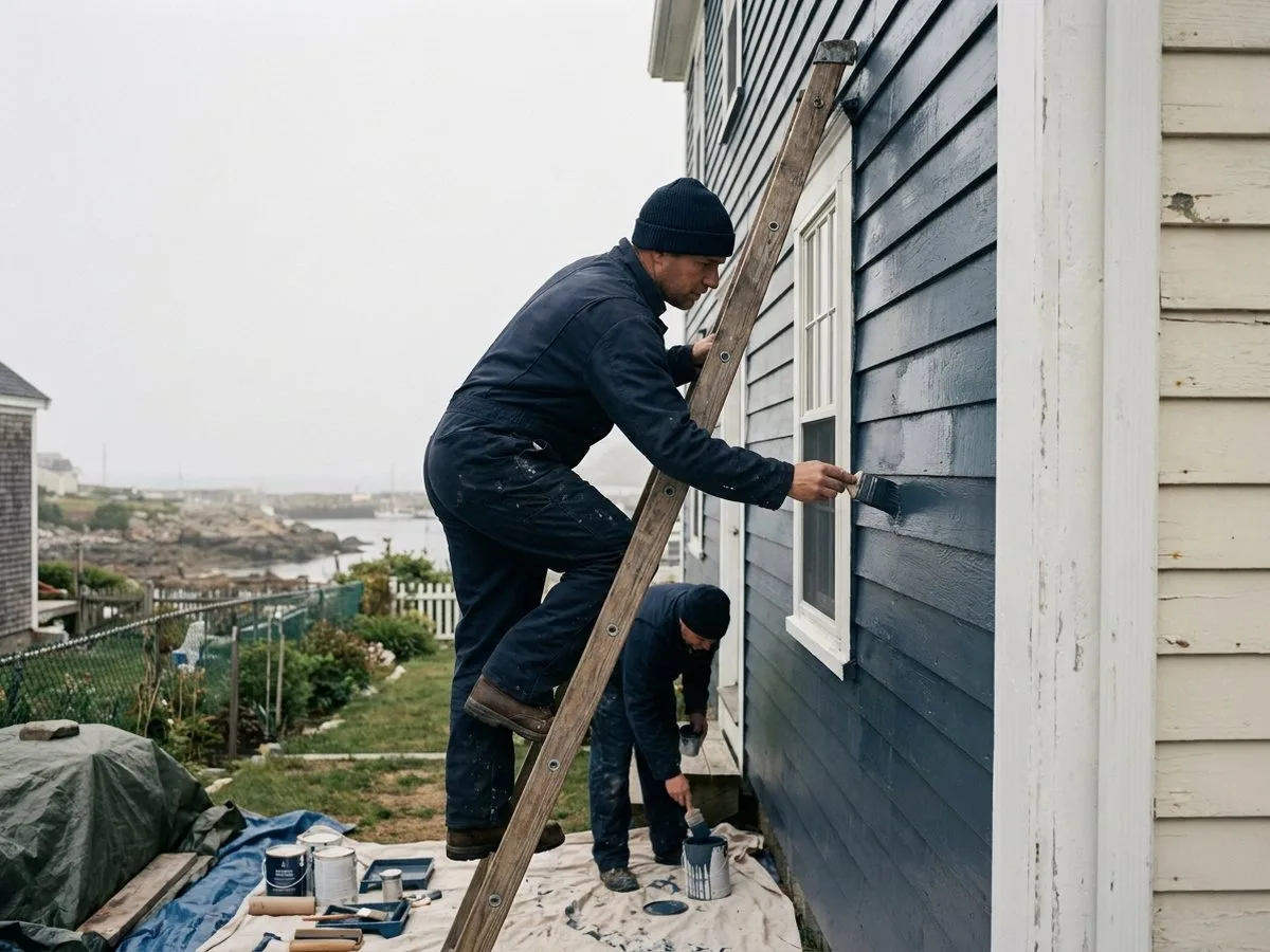 Painter applying coastal-grade exterior paint to siding on a Halifax home