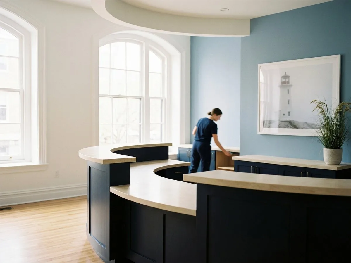 Repainted health clinic interior with clean white walls and navy accents